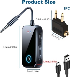 Dimensiuni adaptor Bluetooth Techstar T80 (product size) si accesorii incluse