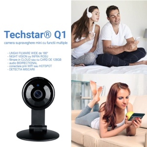 Camera de Supraveghere IP Mini Wifi Techstar® Q1 Smart, 2 Mpx FullHD 1080P, Night Vision, IR-CUT, Detectare Miscare, Salvare Cloud sau MicroSD Card de 128gb, Conexiune Hotspot Wireless, Comunicare Audio Bidirectionala, Unghi Ultra Wide de 180° - Img 2