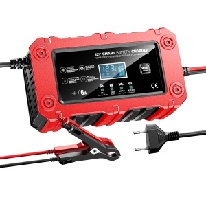 Incarcator auto moto Techstar BC-1206 rosu cu cleme si ecran LCD pentru baterii 12V
