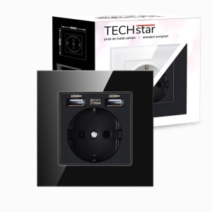 priza Techstar Crystal TSU1 negru onyx cu 2 USB vedere din fata si cutie ambalaj