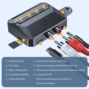 Conectori AUX, RCA si alimentare ai Receiverului Bluetooth Techstar T59