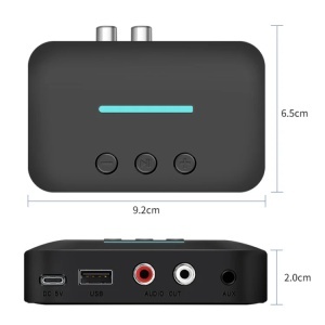 Receptor audio Bluetooth Techstar T88, vedere frontala cu porturi AUX 3.5 mm si RCA L/R