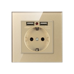 Vedere frontala priza de perete auriu cu 2 porturi USB