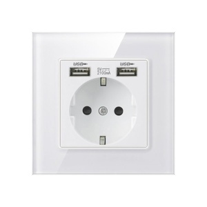 Resigilat Priza Techstar® Crystal TSU1, Simpla, 2 x USB, 2.1A, Culoare Alb Frost, Sticla Securizata, 16A - Img 1