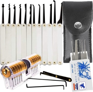 Set Instrumente Lacatuserie Lock Picking, Lacat Transparent de Antrenament, 17 Unelte Metalice, Set 5 in 1 Tip Card, 2 Chei, Trusa Practica pentru Incepatori - Img 1