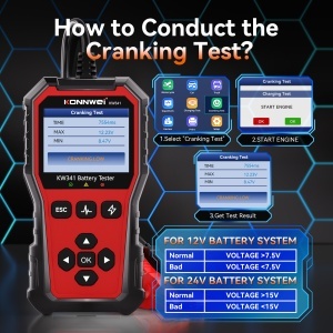 Tester baterie auto KONNWEI KW341, ecran cu rezultate test si raport (inclusiv QR)