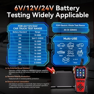 Tester baterie auto KONNWEI KW341, compatibilitate tipuri baterii AGM/EFB/GEL/Litiu si interval CCA 10–2000 (infografic)