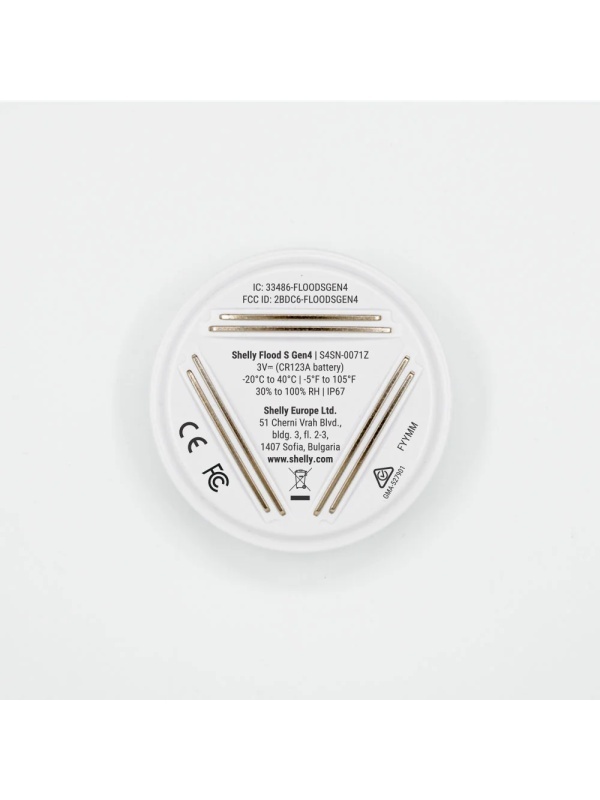 Senzor inteligent de inundatie Shelly Flood S Gen4 - alimentare pe baterie CR123A, buzzer integrat, moduri Flood si Rain, Wi-Fi, Bluetooth si Zigbee, Matter, control aplicatie, compatibil Home Assistant - Img 2