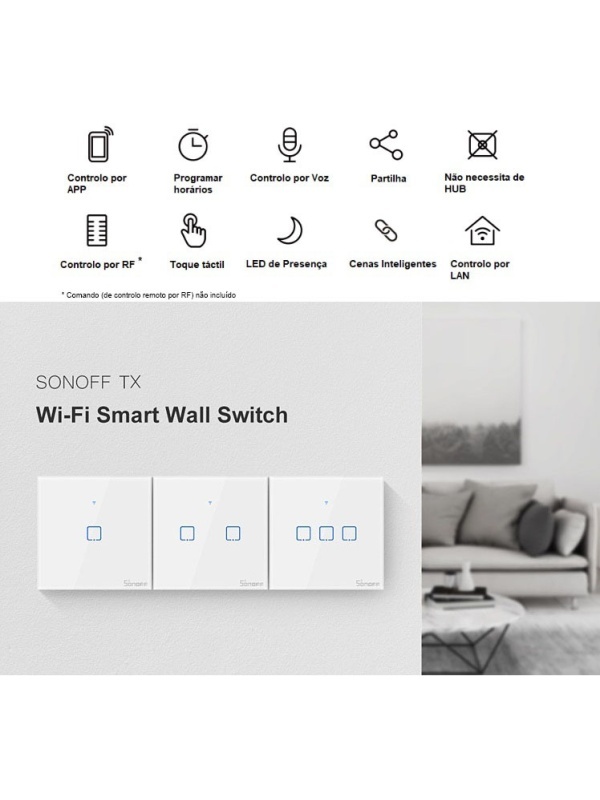 Smart touch switch Sonoff T2 EU TX, Wireless + RF 433, 3 channels, iOS/Android compatible, Amazon Alexa/Google Assistant, glass, White, White - Img 4