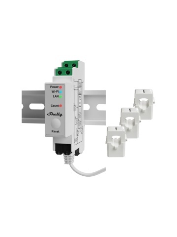 Medidor de energía trifásico Shelly Pro 3EM 120A v2 - carril DIN, 3 x transformador de corriente 120A, medición en 4 cuadrantes, actualizable a Matter, Wi-Fi, LAN y Bluetooth