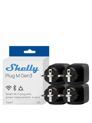 Shelly Plug M Gen3 Black (pack of 4 sockets) – Smart Wi-Fi and Bluetooth socket, energy monitoring, Shelly chip processor, local control and automations, 16A
