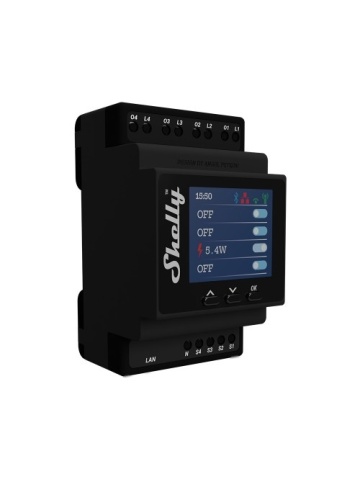 Resigilat Shelly Pro 4PM comutator inteligent cu 4 canale, WiFi, LAN, sina DIN, contor de putere, control aplicatie, compatibil Amazon Alexa, Google Assistant si Home Assistant