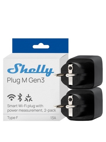 Shelly Plug M Gen3 Black (pack of 2 sockets) – Smart Wi-Fi and Bluetooth socket, energy monitoring, Shelly chip processor, local control and automations, 16A