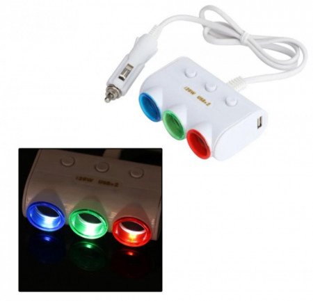 Adaptor Priza Auto, Adaptor Priza Bricheta, 2 USB uri Laterale, Priza Iluminate