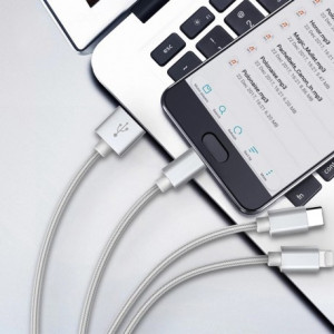 Cablu Date Si Incarcare 3 In 1, USB La Lightning X 2 - USB La MicroUSB, 1.2 M, Negru - Img 3