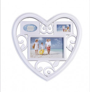 Rama Foto Decorativa Cu 3 Poze, Model Inima, 28 x 28 CM, Culoare Alb