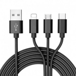 Cablu Date Si Incarcare 3 In 1, USB La Lightning X 2 - USB La MicroUSB, 1.2 M, Negru - Img 2