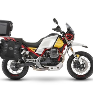 Set of SHAD TERRA TR40 adventure saddlebags and SHAD TERRA aluminium top case TR55 PURE BLACK, including mounting kit SHAD MOTO GUZZI V85TT