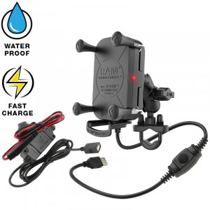 RAM TOUGH-CHARGE WIRELESS WITH X-GRIP TECHNOLOGY WITH UBOLT MOUNT AND MOTORCYCLE HARDWIRE CHARGER