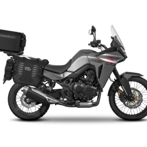 Set of SHAD TERRA TR40 adventure saddlebags and SHAD TERRA aluminium top case TR55 PURE BLACK, including mounting kit SHAD HONDA TRANSALP 750