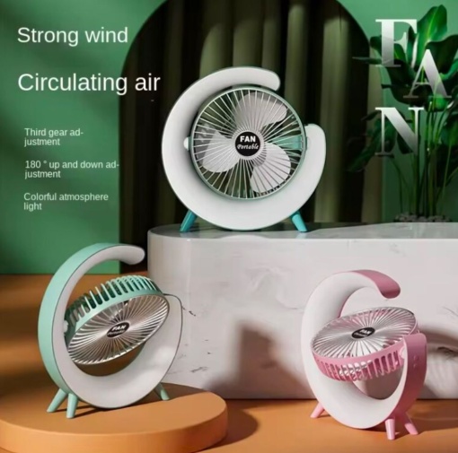Mini Ventilator de Birou cu iluminare Multicolora, LED RGB, USB, Reincarcabil