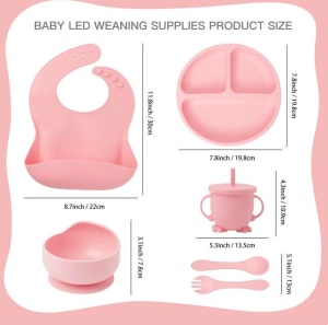 Set Hranire si Diversificare Bebelusi din Silicon BPA Free 6 Piese, Bavetica cu Buzunar, Bol cu Ventuza, Farfurie Compartimentata, Pahar cu Capac si Pai, Furculita si Lingurita Roz - Img 2