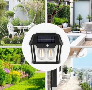 Lampă solara de perete cu senzor de lumina si miscare. Design tip felinar cu 2 becuri. - Img 1