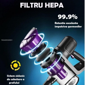 Aspirator vertical, fara fir, multifunctional, 2 viteze, putere 120 W, curatare praf eficienta, autonomie 30-45 min, cu accesorii pentru canapele si spatii inguste, negru/mov - Img 3
