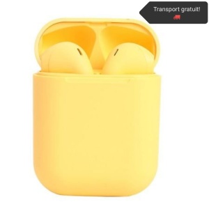 Casti Wireless Bluetooth I12 Macaron Stereo Cu Functie Apelare, Control Muzica, Cutie Incarcare Inclusa, Android/ IOS, Selling Depot, Radio-FM, Aux, SD Card, Galben - Img 2