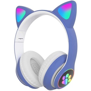 Casti wireless pentru copii Gobro, Bluetooth, Model urechi de pisica, Iluminare LED, Albastru
