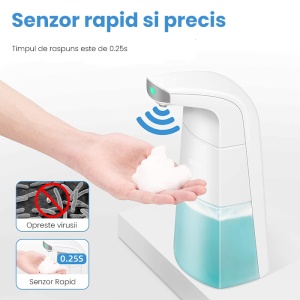 Dispenser Automat Qeno® Dozator Sapun Lichid / Spuma, Dezinfectant Si Antibacterian, Cu Senzor 310ML, ALB - Img 8