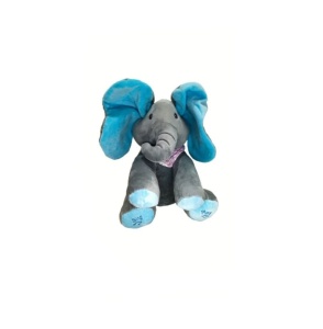 Elefant interactiv Cucu Bau, canta si vorbeste, isi acopera fata si urechile, Gri / Abastru, 35 cm