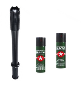 Kit autoaparare format din Baston cu electrosoc si lanterna MDM 3 faze iluminare 10.000 KV si Set 2 Spray Nato 60 ml