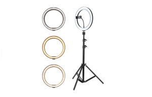 Lampa circulara Make up profesionala, 3 tipuri de lumina, trepied 210 cm, suport telefon, diametru 26 cm