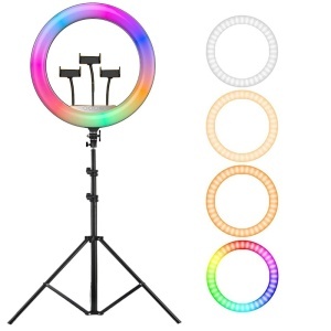 Lampa circulara profesionala RGB, touch control si telecomanda, 3 suporturi pentru telefon, diverse jocuri de lumini, 3 nuante de alb, diametru 45 cm, trepied 210 cm K KATHODE