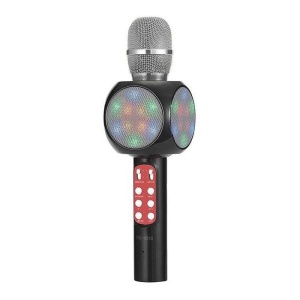 Microfon karaoke Bluetooth, FM, difuzor 3W, USB, slot SD, iluminat LED, negru
