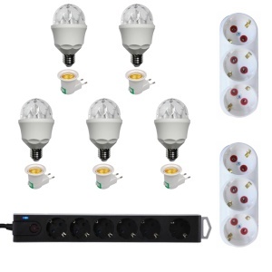 Pachet - 5 x Bec LED disco rotativ colorat cu fasung E27, 3W+ 5 x Fasung stecher cu intrerupator + 2 x Triplu stecher + Prelungitor cu protectie pentru supratensiune si buton On/Off, 6 prize, 3M
