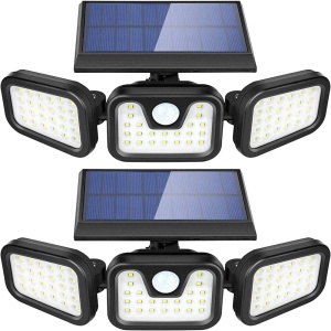 Set 2 Lampi Solare Triple cu Panou Solar Incorporat 74 LED SMD, Reglabile 360°, Iluminare 270°, cu Senzori de Amurg, Miscare si Lumina, Rezistenta la Apa IP65, 3 Moduri Functionare, Negru