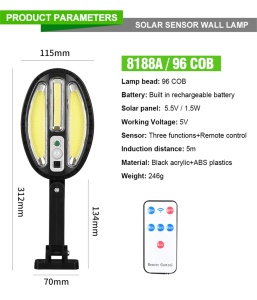 Set 3 x lampa stradala cu incarcare solara, 96 x LED COB, senzor de miscare/amurg/stare de veghe, buton ON/OFF, telecomanda HB-8188A K KATHODE - Img 3