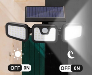 Set 3 x lampa tripla cu incarcare solara, rotatie 360°, cu senzori de amurg, miscare si lumina, 3 trepte de iluminare, 74 x LED K KATHODE - Img 2