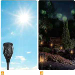 Set doua lampi solare cu flacara, YWX®, IP65, 33 LED-uri, Cu senzor de lumina, Pornire/oprire automata, Pentru exterior, curte, terasa si gradina, Negru - Img 5