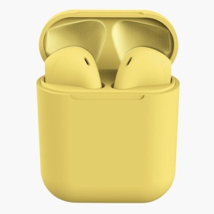 Casti KlaussTech cu Bluetooth 5.0 Airpods, Autonomie de 3 - 4 ore, Incarcare 70 min, Design Modern si Ergonomic, Carcasa Incarcare, Raza 25 m, Galben