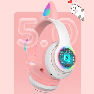 Casti wireless pliabile, Urechi de pisica, Bluetooth 5.0, Handsfree, HiFi, Bass Stereo, LED, TF, Alb/Roz - Img 2