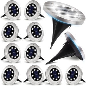 Set 12 Lampi Solare LED de Exterior pentru Gradina, Terasa si Alei, RETOO GardenPro, Tip Spot din INOX, cu 8 LED-uri, Acumulator Ni-MH 600mAh si Senzor de Lumina, Rezistente la Apa IP65, Montare prin Infigere in Sol, Lumina Alb Rece, Negru-Argintiu