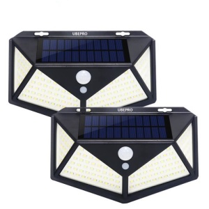 Set 2 aplice solare de perete LED100, 2200mAh, Pentru exterior, Din polisilicon, Fara fir, Cu energie solara IP65, Impermeabile, Cu senzor de miscare, Iluminare la 270 grade, Negru