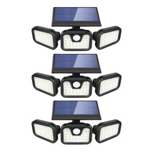 Set 3 Lampi Solare Triple cu Panou Solar Incorporat 74 LED SMD, Reglabila 360°, Iluminare 270°, cu Senzori de Amurg, Miscare si Lumina, Rezistenta la Apa IP65, 3 Moduri Functionare, Negru