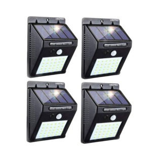 Set 4 lampi solare de perete cu senzor de miscare si lumina, 30 LED-uri, Negru