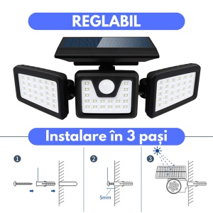 Set 5 lampi solare triple Tiessa, pentru exterior, cu senzor de miscare, rezistente la apa, 74 LED-uri, 2400 mAh, negru - Img 4