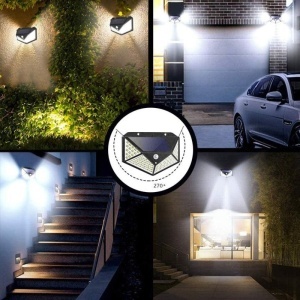 Set 6 Lampi Solare 100 LED, Senzor de Lumina si de Miscare, Buton de ON/OFF si de Setare a Intensitatii Luminii, Incarcare Solara, Indicator Protectie IP65, Lumina Rece, Unghi de detectare 270 Grade, Montaj Pe Perete, Negru - Img 5