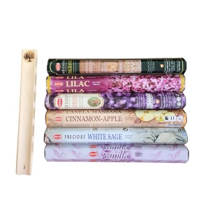 Set mixt 120 betisoare parfumate HEM, Precious Fragrance, Lilac, Precious Lavander, Cinnamon Apple, White Sage, Vanilla si Suport din lemn cu motiv Copacul Vietii - Img 12